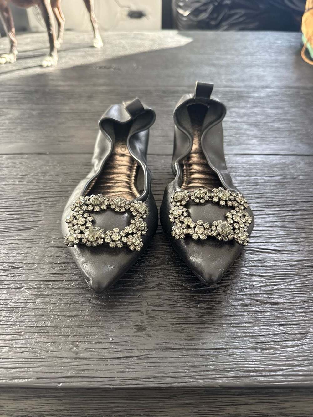PAZZION Helene Crystal Buckle Pointed Toe Foldable Flats Black Size 37